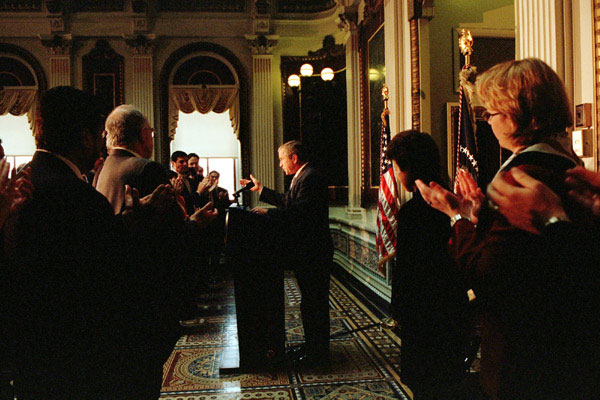 President George W. Bush addresses an Hispanic Scholarship Fund gathering at the White House Tuesday, May 22. WHITE HOUSE PHOTO BY ERIC DRAPER