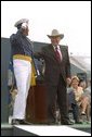 Donning his own style of graduation cap, Vice President Cheney participates in the U.S. Air Force Academy Commencement ceremonies at Falcon Stadium in Colorado Springs, CO May 30, 2001. White House photo by David Bohrer