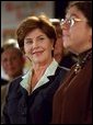 Laura Bush listens to remarks by Dr. Perri Klass during a Read Out and Read event in Boston, Mass., June 1, 2001. White House photo by Paul Morse.