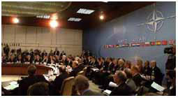 President George W. Bush speaks at the Secretary General's office at NATO headquarters in Brussels, Belgium on June 13, 2001. WHITE HOUSE PHOTO BY PAUL MORSE