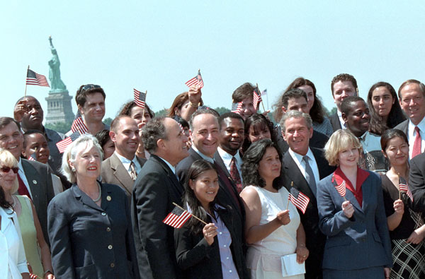 "We're a diverse country, and getting more diverse," said President Bush in his remarks at Ellis Island during a large swearing in ceremony for new citizens July 10, 2001. 