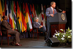 Addressing the World bank in Washington, D.C., President Bush outlines his plans to discuss the needs of developing nations with European leaders during this week's trip to Europe. White House photo by Moreen Ishikawa.