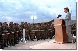 Laura Bush attends the Dedication of the Laura Bush Center for Education at Camp Bondsteel July 24, 2001 in Kosovo, Federal Republic of Yugoslavia.  White House photo by Moreen Ishikawa