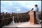 Laura Bush attends the Dedication of the Laura Bush Center for Education at Camp Bondsteel July 24, 2001 in Kosovo, Federal Republic of Yugoslavia. White House photo by Moreen Ishikawa.