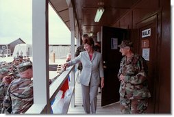 Laura Bush attends the Dedication of the Laura Bush Center for Education at Camp Bondsteel July 24, 2001 in Kosovo, Federal Republic of Yugoslavia.  White House photo by Moreen Ishikawa