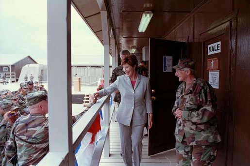 Laura Bush attends the Dedication of the Laura Bush Center for Education at Camp Bondsteel July 24, 2001 in Kosovo, Federal Republic of Yugoslavia. White House photo by Moreen Ishikawa.