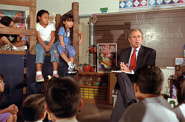 President Bush visits with a second-grade class at Griegos Elementary School in Albuquerque, N. M, Aug. 15. White House photo by Moreen Ishikawa.