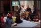 Librarian of Congress, James Billington, Mrs. Bush, Orlando Magic Grant Hill and LA Sparks Lisa Leslie participate in the National Book Festival Back to School event in the Great Hall at the Library of Congress Jefferson Building Sept. 7, 2001 in Washington, D.C. White House photo by Moreen Ishikawa.