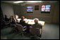 President George W. Bush, White House Chief of Staff Andy Card (left) and Admiral Richard Mies conduct a video tele-conference at Offutt Air Force Base in Nebraska, Sept. 11, 2001. White House photo by Eric Draper