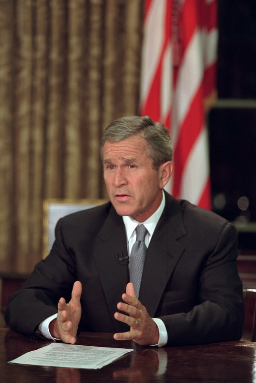 President George W. Bush addresses the nation from the Oval Office the evening of Sept. 11, 2001. White House photo by Eric Draper