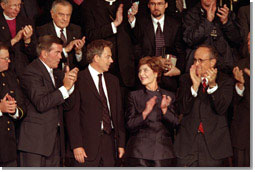 British Prime Minister Tony Blair (center, left) Mrs. Laura Bush attends a joint session of Congress in which President Bush praised the efforts of New York Mayor Rudolph Giuliani (far right) and named Pennsylvania Governor Tom Ridge (far left) to a newly created cabinet-level position in which he will oversee the homeland defense initiatives. White House photo by Paul Morse.