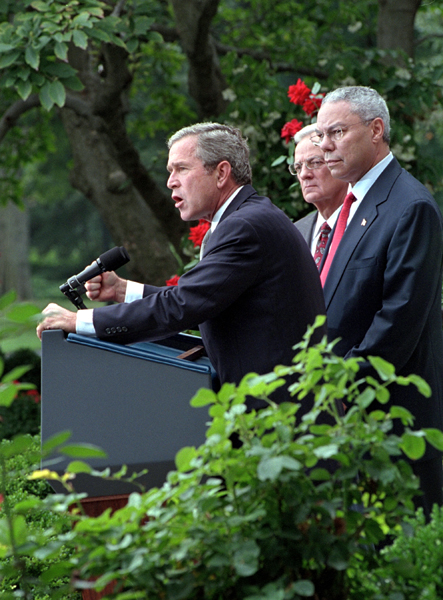 "Today, we have launched a strike on the financial foundation of the global terror network," stated the President in the Rose Garden as he, Secretary of the Treasury Paul O'Neill and Secretary of State Colin Powell address the media Sept. 24. White House photo by Tina Hager.