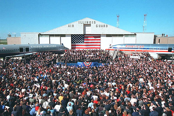 Airline employees crowd together on the tarmac at Chicago's O'Hare International Airport to meet President Bush and honor their industry colleagues Sept. 27. "I think it's interesting that on one side, we see American; on the other side, it says United," said the President in his remarks. "Because that's what we are -- America is united.". White House photo by Paul Morse.