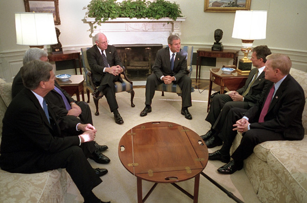 President George W. Bush and Vice President Dick Cheney meet with Congressional leaders in the Oval Office Tuesday morning, Oct. 2. White House photo by Eric Draper.