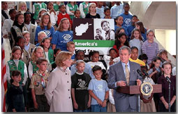 President George W. Bush speaks at an assembly of children and civic leaders contributing to America's Fund for Afghanistan Children at The American Red Cross in Washington, D.C. White House photo by Tina Hager.