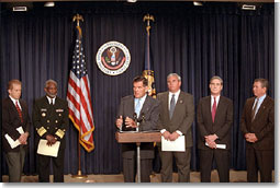 Director of the Office of Homeland Security Tom Ridge holds a press conference in the Dwight D. Eisenhower Office Building Oct. 18. White House photo by Tina Hager.