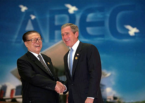 President George W. Bush and Chinese President Jiang Zemin deliver a joint statement to the media in Shanghai, People's Republic of China, Oct. 19. White House photo by Eric Draper.