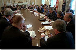 President George W. Bush meets with the Homeland Security Council for the first time in the Cabinet Room Oct. 29. White House photo by Eric Draper.