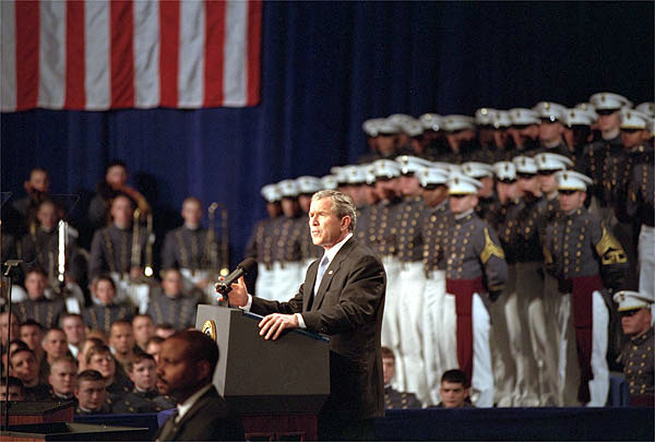 President George W. Bush speaks at The Citadel in Charleston, South Carolina, Dec. 11, 2001. "When I committed U.S. forces to this battle, I had every confidence that they would be up to the task," said the President in his address to the military cadets. "And they have proven me right." White House photo by Tina Hager.