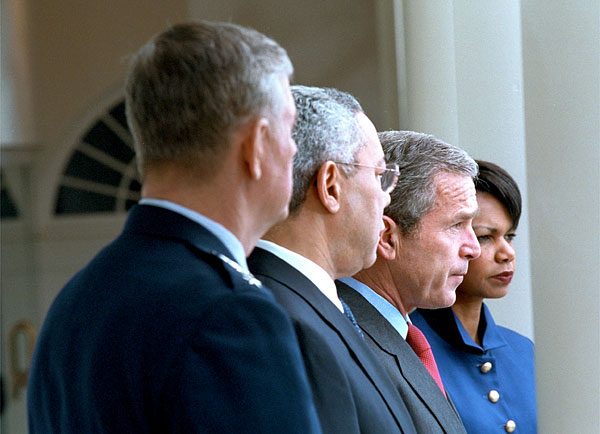 "Today, I have given formal notice to Russia, in accordance with the treaty, that the United States of America is withdrawing from this almost 30 year old treaty," said President George W. Bush announcing the withdrawal from the 1972 Anti Ballistic Missile treaty in the Rose Garden Dec. 13. Standing with the President are the Chairman of the Joint Chief of Staffs Richard B. Myers (far left), Secretary of State Colin Powell (left), and National Security Advisor Condoleezza Rice. White House photo by Eric Draper.