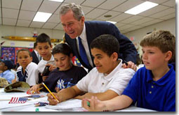 Earlier this year, President Bush met with students at B.W. Tinker School in Waterbury, Connecticut. On Tuesday, December 18, Congress passed the historic bipartisan education bill. The President said he looks forward to signing the bill early next year. White House photo by Paul Morse.