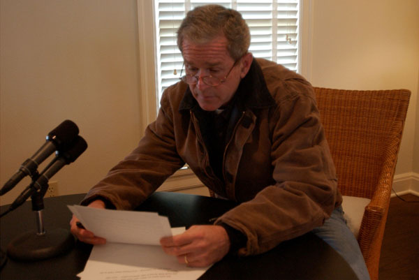 President George W. Bush delivers his weekly radio address to the nation from his ranch in Crawford, Texas, Friday Dec. 28, 2001. White House photo by Susan Sterner.