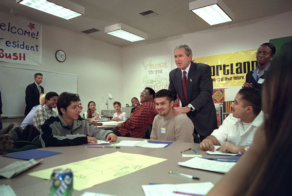 Meeting with students and talking about his economic stimulus plan, President George W. Bush visits the One-Stop Career and Youth Opportunity Center in Portland, Ore., Saturday, Jan 5. The President also visited Portland's Parkrose High School where he spoke, "We ought to have an economic stimulus package that says let's create more jobs for the American people, and we ought to get on about the American people's business -- put politics aside and come together and do what's right for this country." White House photo by Eric Draper.