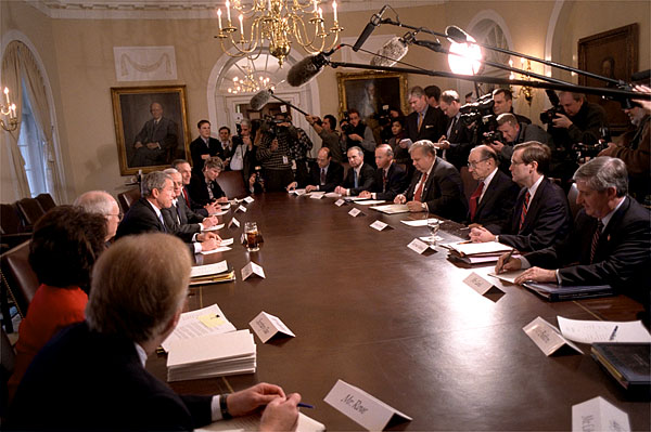 President George W. Bush meets with his Senior Advisors including Secretary of Treasury Paul O'Neill and Chairman of the Federal Reserve Board Alan Greenspan in the Cabinet Room Jan. 7. White House photo by Paul Morse.