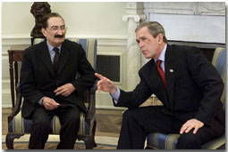 President George W. Bush and Prime Minister Bulent Ecevit of the Republic of Turkey talk with reporters in the Oval Office Wednesday, Jan. 16. White House photo by Paul Morse.