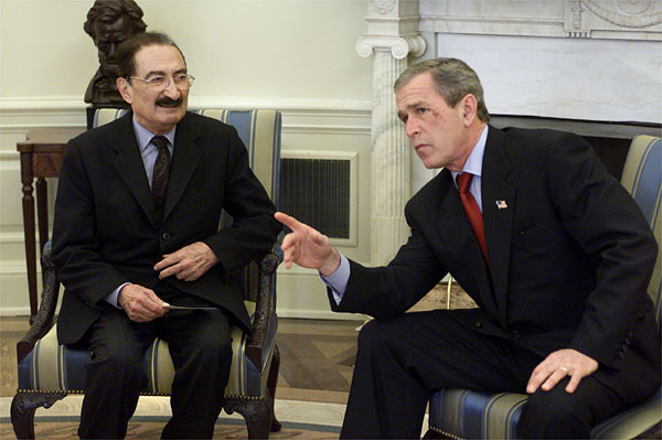 President George W. Bush and Prime Minister Bulent Ecevit of the Republic of Turkey talk with reporters in the Oval Office Wednesday, Jan. 16. White House photo by Paul Morse.