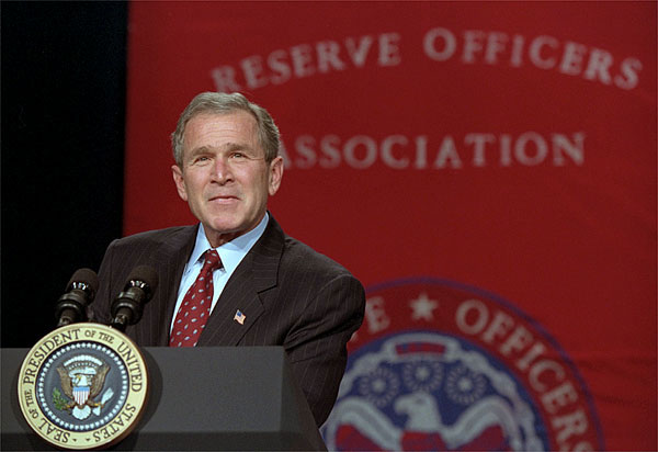 President George W. Bush addresses the Reserve Officers Association during a luncheon in Washington, D. C. Jan 23. "It's a high privilege to be here with the men and women of the Reserves Officers Association," said the President in his remarks. "For 80 years you stood up for America and the people who wear its uniform." White House photo by Tina Hager.