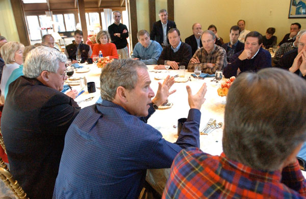 President George W. Bush meets with Republican congressional leaders to discuss the upcoming congressional agenda at Camp David. Saturday, Jan 26, 2002. WHITE HOUSE PHOTO BY ERIC DRAPER.