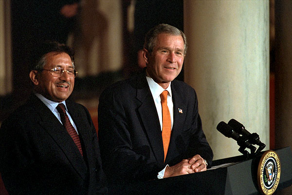 President Bush and Pakistani President Pervez Musharraf address the media in Cross Hall, Feb. 13. "The forces of history have accelerated the growth of friendship between the United States and Pakistan," said President Bush. Click here to view webcast. White House photo by Susan Sterner.