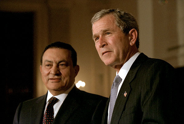 President George W. Bush and Egyptian President Mohammed Hosni Mubarak address the media in Cross Hall at the White House March 5. "We talked extensively today about our efforts," said President Bush of their private discussions. "President Mubarak has a long history of advancing peace and stability in the Middle East." White House photo by Eric Draper.