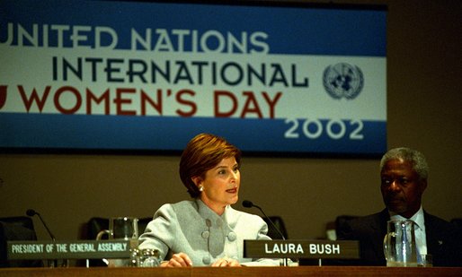 Mrs. Bush spoke about the importance of helping Afghan women and children in a speech to the United Nations, March 8, 2002. White House photo by Susan Sterner.