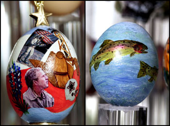 Representing the President and Vice President's home states, the Texas and Wyoming eggs are part of a collection of 51 decorated eggs on display at the White House as part of the White House Easter Egg Roll festivities. The White House will webcast the Easter Egg Roll live on Monday morning at 9:30am.