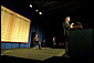 President George W. Bush discusses early childhood developmental education as Secretary of Education Rod Paige listens at Pennsylvania State University in Media, Pa., Tuesday, April 2. "We must make sure that every child enter school ready to learn -- every child -- not just one, not just a few, but every, single child," said the President. White House photo by Tina Hager