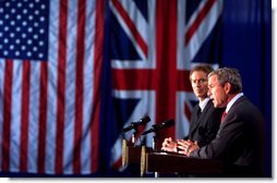 President George W. Bush appears with British Prime Minister Tony Blair at a press conference at Crawford High School in Crawford, Texas on April 6, 2002. White House Photo by Paul Morse.