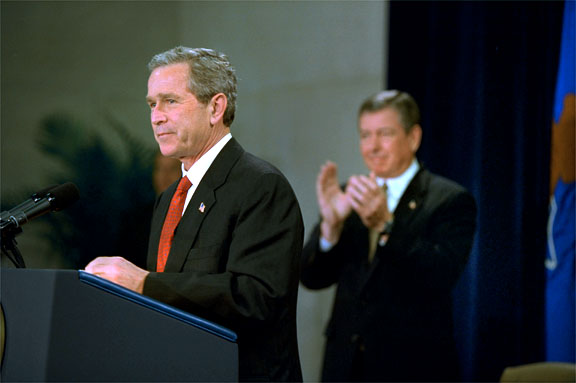 President George W. Bush discusses rights of people who are victims of crime during an address at the Robert F. Kennedy Department of Justice Tuesday, April 16. "Victims of violent crime have important rights that deserve protection in our Constitution," said the President. "And so today, I announce my support for the bipartisan Crime Victims' Rights amendment to the Constitution of the United States." White House photo by Paul Morse.