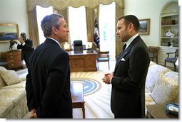 President George W. Bush talks with His Majesty King Mohammed VI of Morocco in the Oval Office Tuesday, April 23. "Today, I've informed His Majesty that our government will work to enact a free trade agreement with Morocco," said the President to the media. "Trade is an important part of good foreign policy, it's an important part of making sure Americans can find jobs." White House photo by Eric Draper.