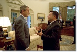 President George W. Bush meets with His Majesty King Abdullah of the Hashemite Kingdom of Jordan in the Oval Office Wednesday, May 8. White House photo by Eric Draper.