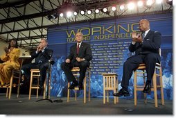 President George W. Bush discusses welfare reform during a trip to Chicago, Ill., Monday, May 13. "It is essential that a central component of that bill be work," said the President. "We must set high standards. Over the next five years, the states, and working with the local governments, ought to place 70 percent of the people into a job." White House photo by Paul Morse.