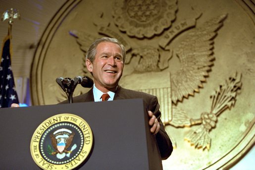 President George W. Bush addresses the Hispanic National Prayer Breakfast in Washington, D.C., May 16, 2002. "We have never imposed any religion, and that's really important to remember, too," said the President. "We welcome all religions in America, all religions. We honor diversity in this country. We respect people's deep convictions." White House photo by Paul Morse.