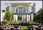 President George W. Bush answers questions during a press conference with German Chancellor Gerhard Schroeder in the courtyard of the Kanzleramt-Chancellery Building in Berlin, Germany, Thursday, May 23. White House photo by Paul Morse.