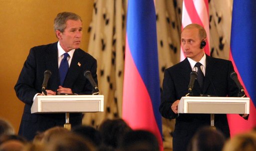 President George W. Bush and Russian President Vladimir Putin during their press conference at the Kremlin in Moscow, Russia on May 24, 2002. 