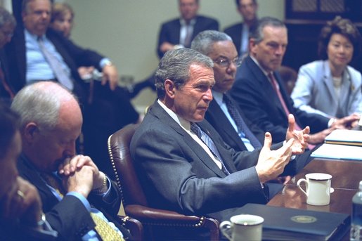 President George W. Bush meets with his Homeland Security Council and other senior staff members to discuss the Department of Homeland Security. The meeting took place in the Roosevelt Room of the White House Thursday morning, June 6, 2002. White House photo by Tina Hager.