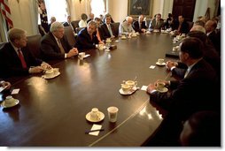 President George W. Bush discusses Homeland Security issues with a bi-partisan group of Congressmen in the Cabinet Room June 11.