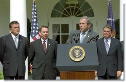 "Biological weapons are potentially the most dangerous weapons in the world," said President George W. Bush at the signing of H.R. 3448, the Public Health Security and Bioterrorism Response Act of 2002 in The Rose Garden Wednesday, June 12. "Last fall's anthrax attacks were an incredible tragedy to a lot of people in America, and it sent a warning that we needed and have heeded. We must be better prepared to prevent, identify and respond. And this bill I'm signing today will help a lot in this essential effort." White House photo by Susan Sterner.