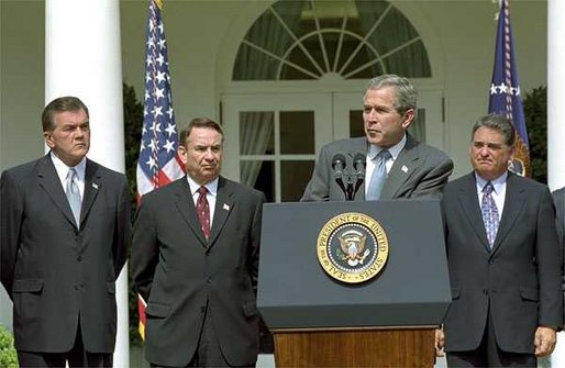 "Biological weapons are potentially the most dangerous weapons in the world," said President George W. Bush at the signing of H.R. 3448, the Public Health Security and Bioterrorism Response Act of 2002 in The Rose Garden Wednesday, June 12. "Last fall's anthrax attacks were an incredible tragedy to a lot of people in America, and it sent a warning that we needed and have heeded. We must be better prepared to prevent, identify and respond. And this bill I'm signing today will help a lot in this essential effort." White House photo by Susan Sterner.