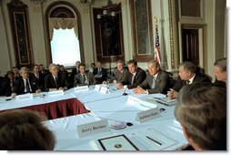 President George W. Bush meets with the Homeland Security Advisory Council in the Indian Treaty Room June 12. "We want to be able to respond better if something were to occur," said President Bush. "We want to know how better to enforce our borders." White House photo by Moreen Ishikawa.